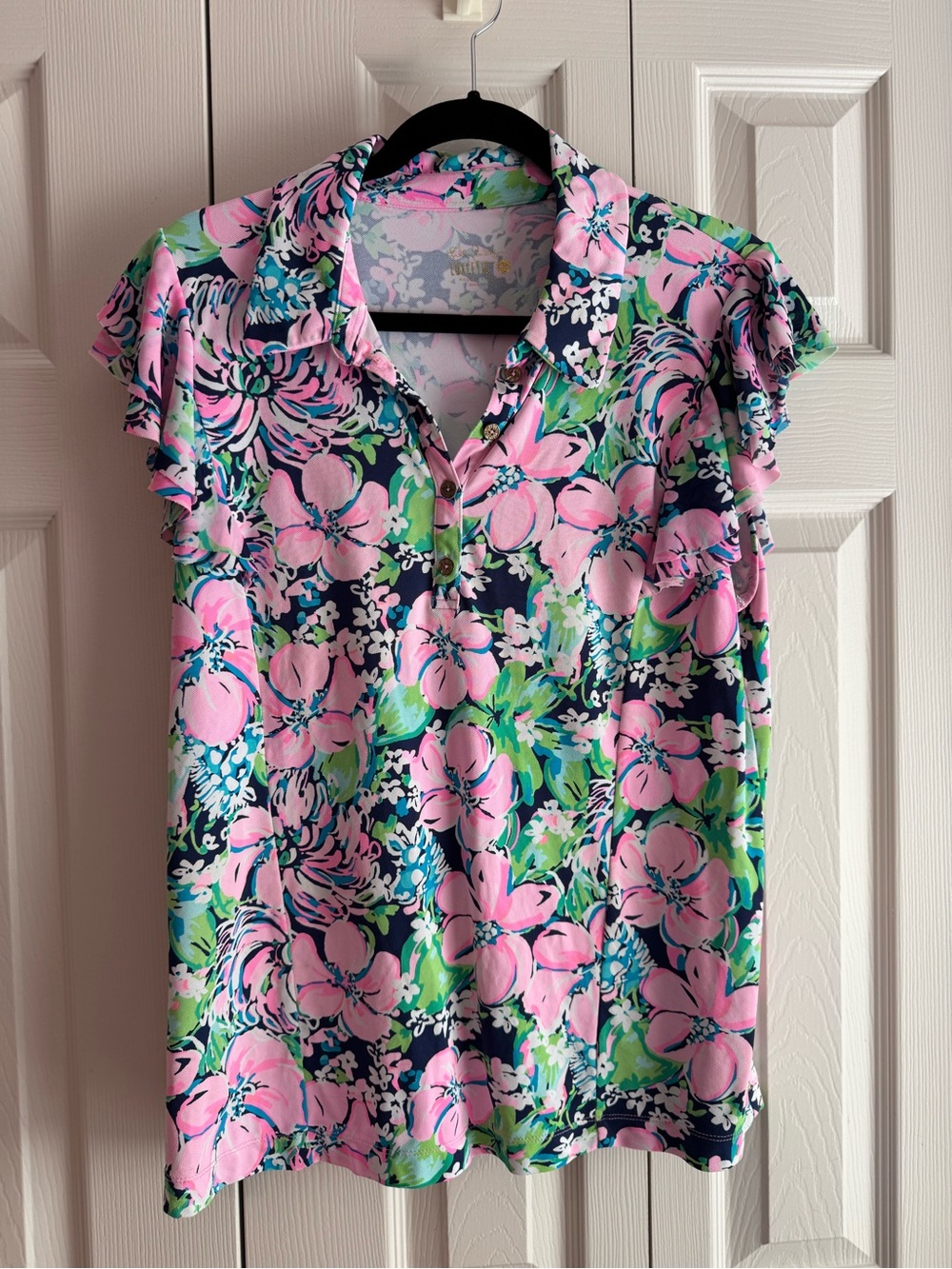 LILLY PULITZER Luxletic Polo Top UPF 50+, Size XL, Flutter Sleeves, Golf, Tennis